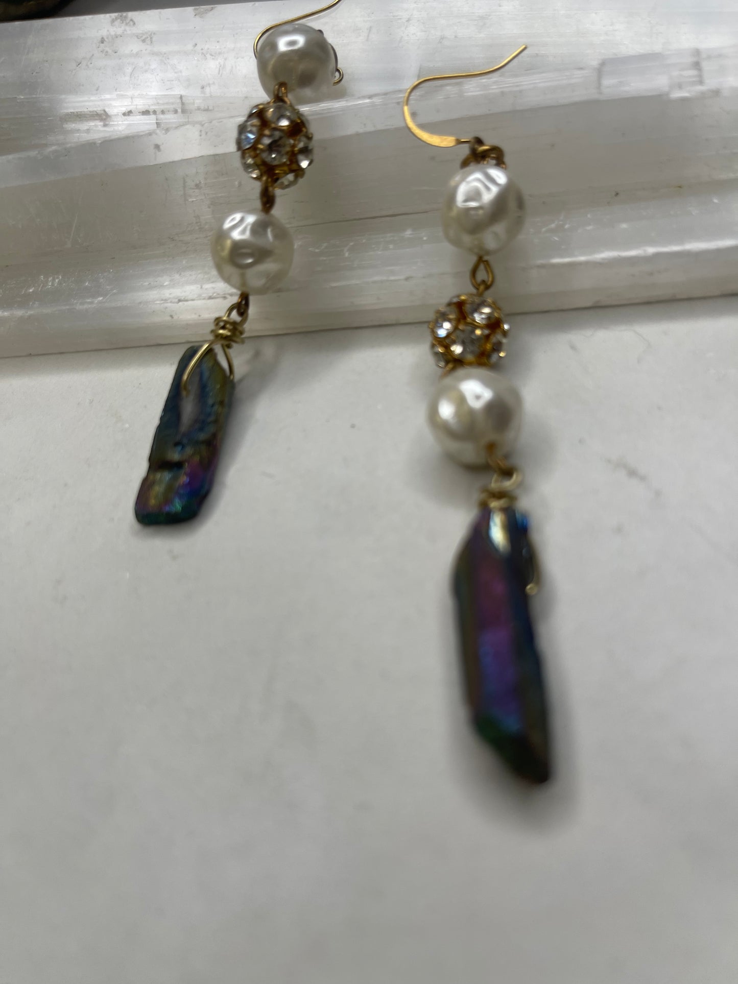 Aura Quartz Costume Pearls Clear Quartz Chakra Soul Chains Earrings w 24K Electroplated Gold Clear Quartz Crystals