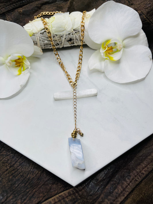 Dainty Baby Blue Lace Agate Y Crystal Soul Chain Necklace - Vintage Gold Chain- Dainty Baby  Collection