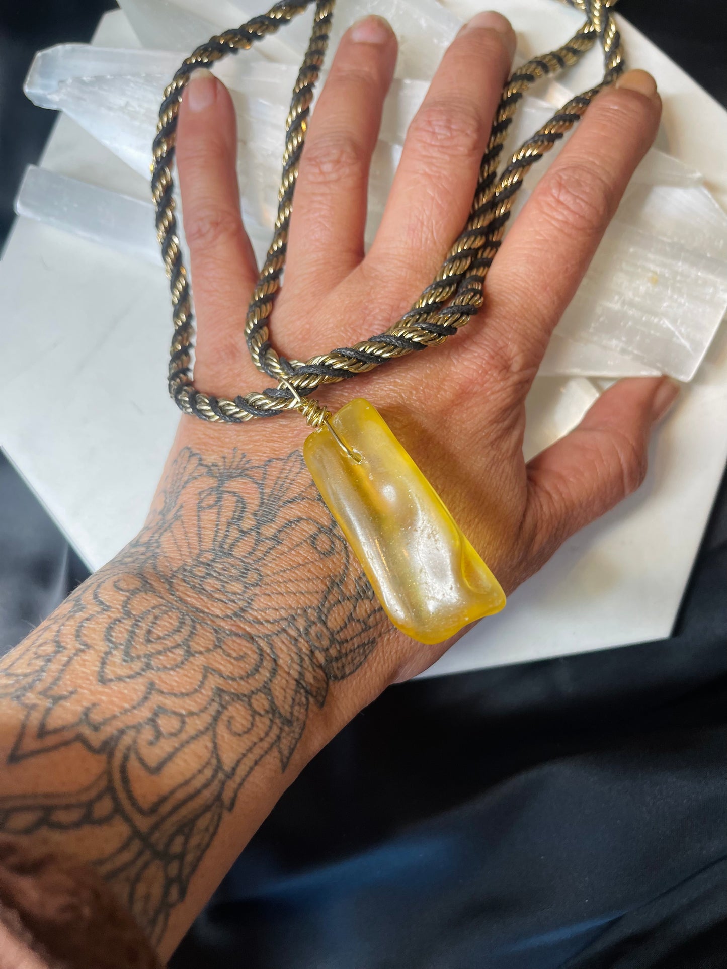 Double Chain Ancient Amber Abundance Activation. Soul Chain Necklace Hand wrapped on vintage chain