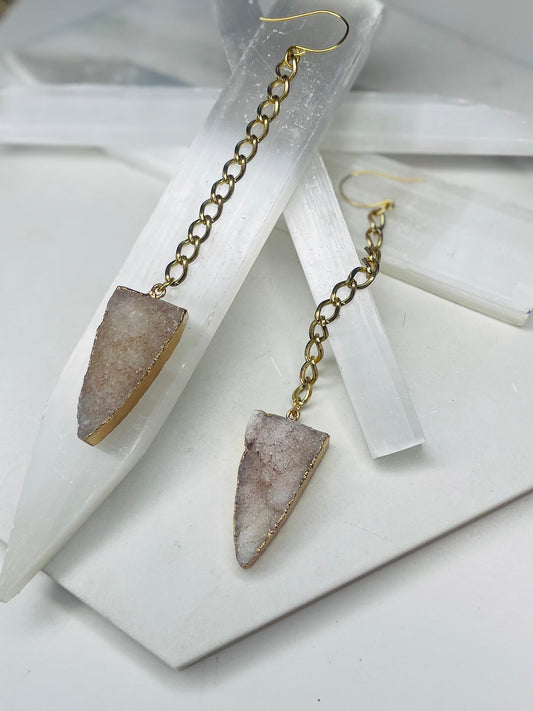 Clear Quartz Druzy Chakra Soul Chains Earrings w 24K Electroplated Gold Clear Quartz Crystals
