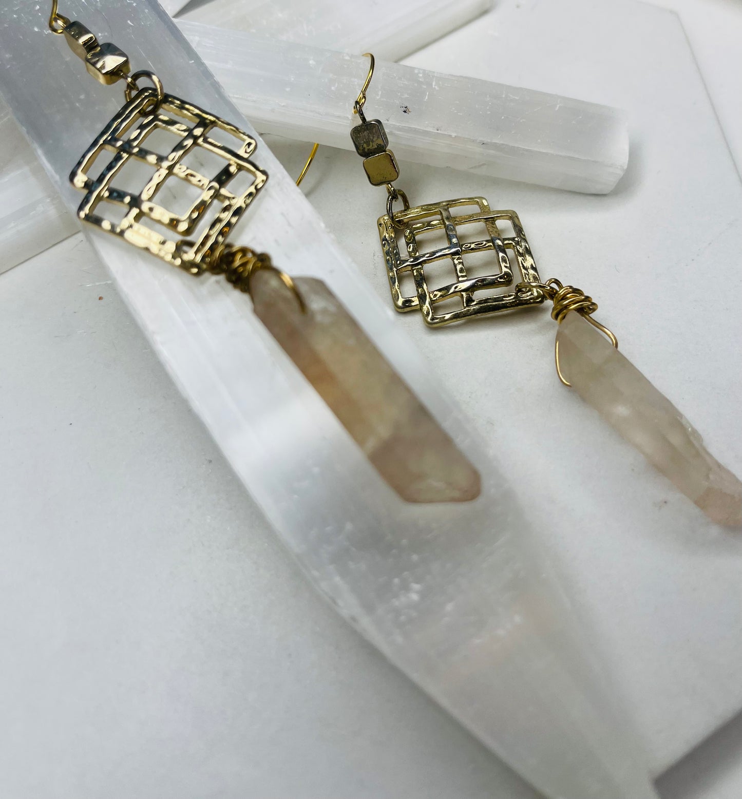 Lemurian Chakra Soul Chains Earrings w 24K Electroplated Gold Clear Quartz Crystals