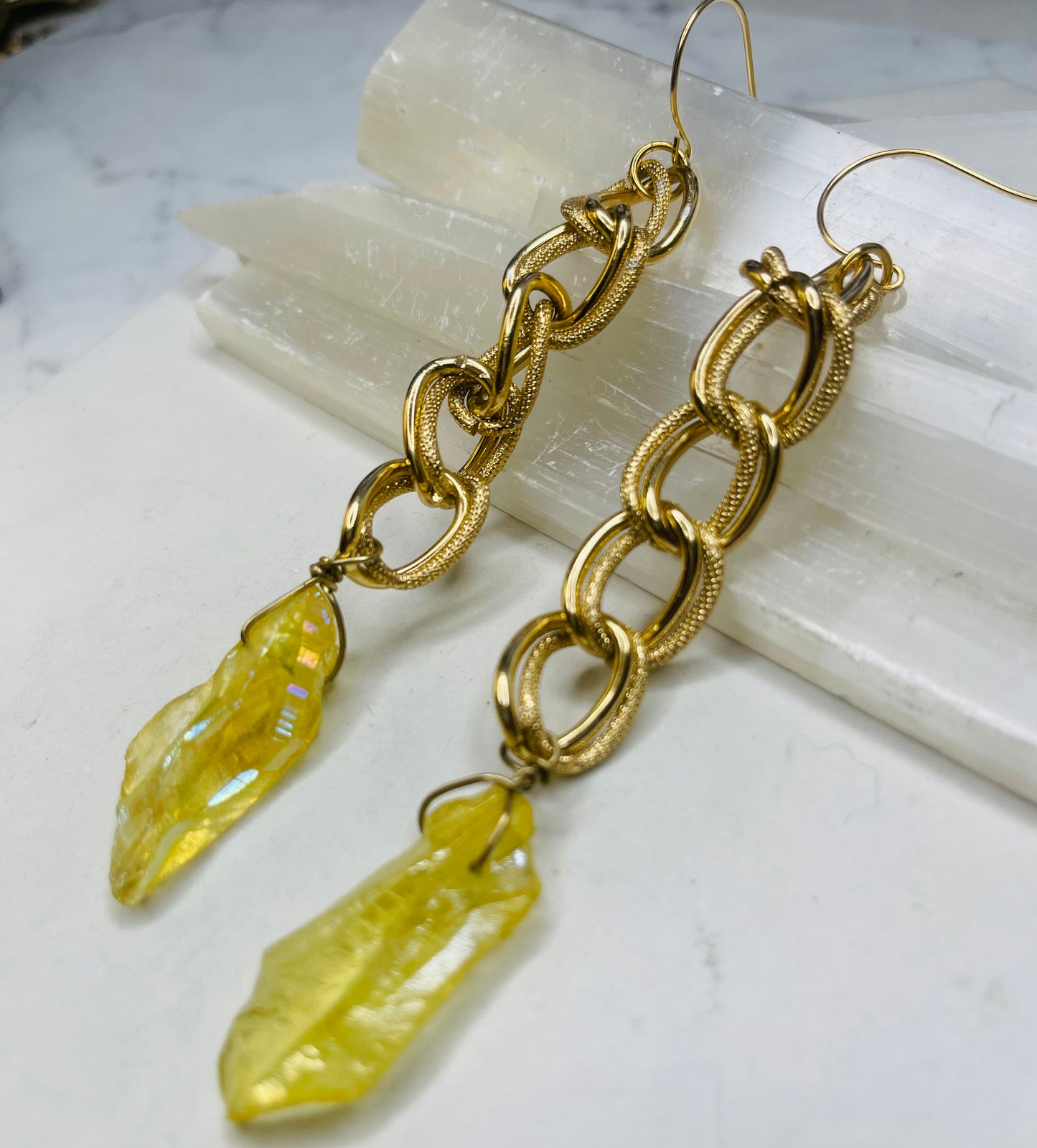 Chakra Soul Chains Earrings w Yellow Aura dipped Clear Quartz Crystals