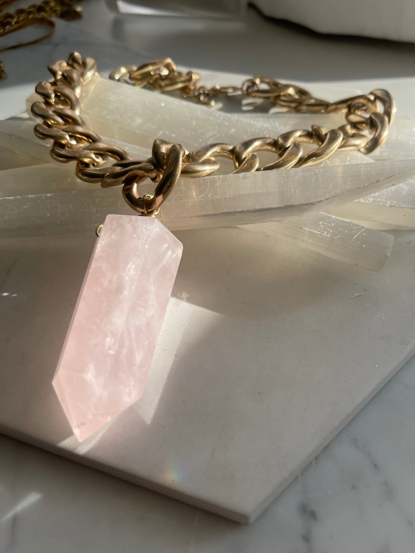 Pink Quartz Heart Chakra Crystal Soul Chain Necklace - Vintage Gold Chain- Rose Quartz Akashic Records Collection