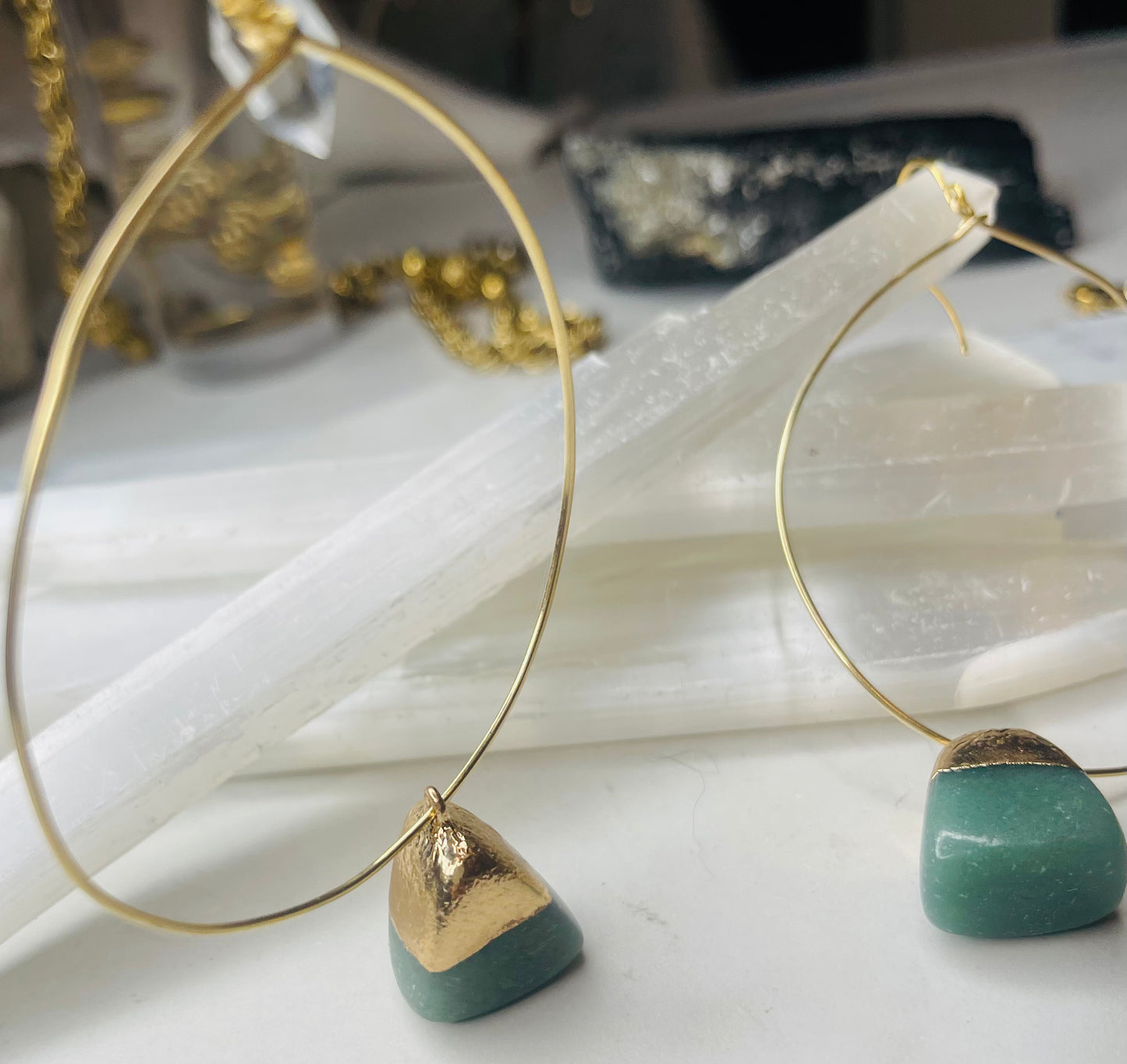 Heart  Chakra Hoops Soul Chains Earrings - Aventurine Crystals
