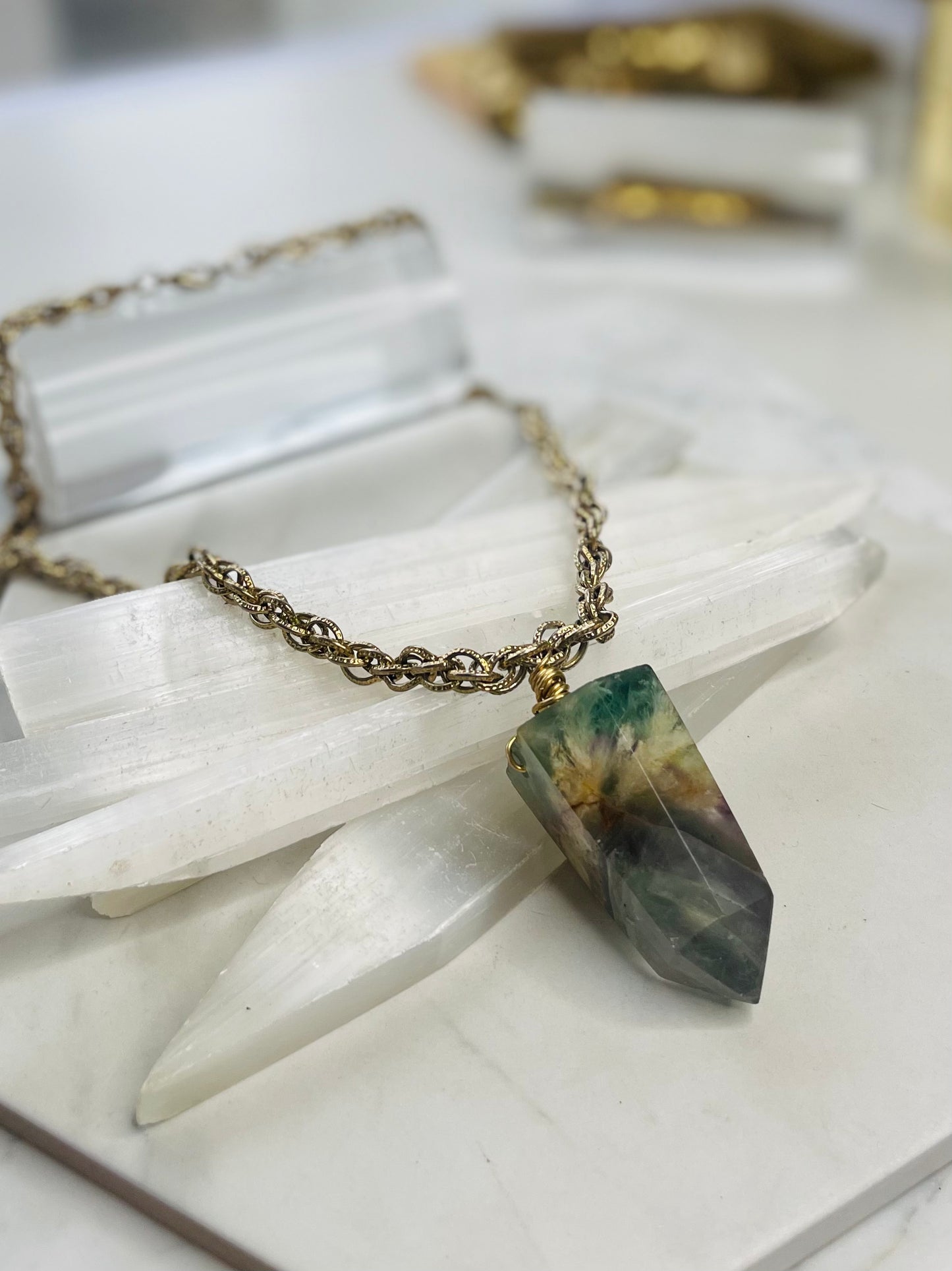 Chunky Rainbow Fluorite Crystal Gold Soul Chain Necklace