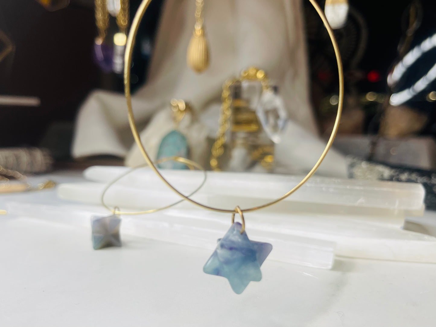 Chakra Hoops Soul Chains Earrings - Rainbow Fluorite Merkaba Crystals