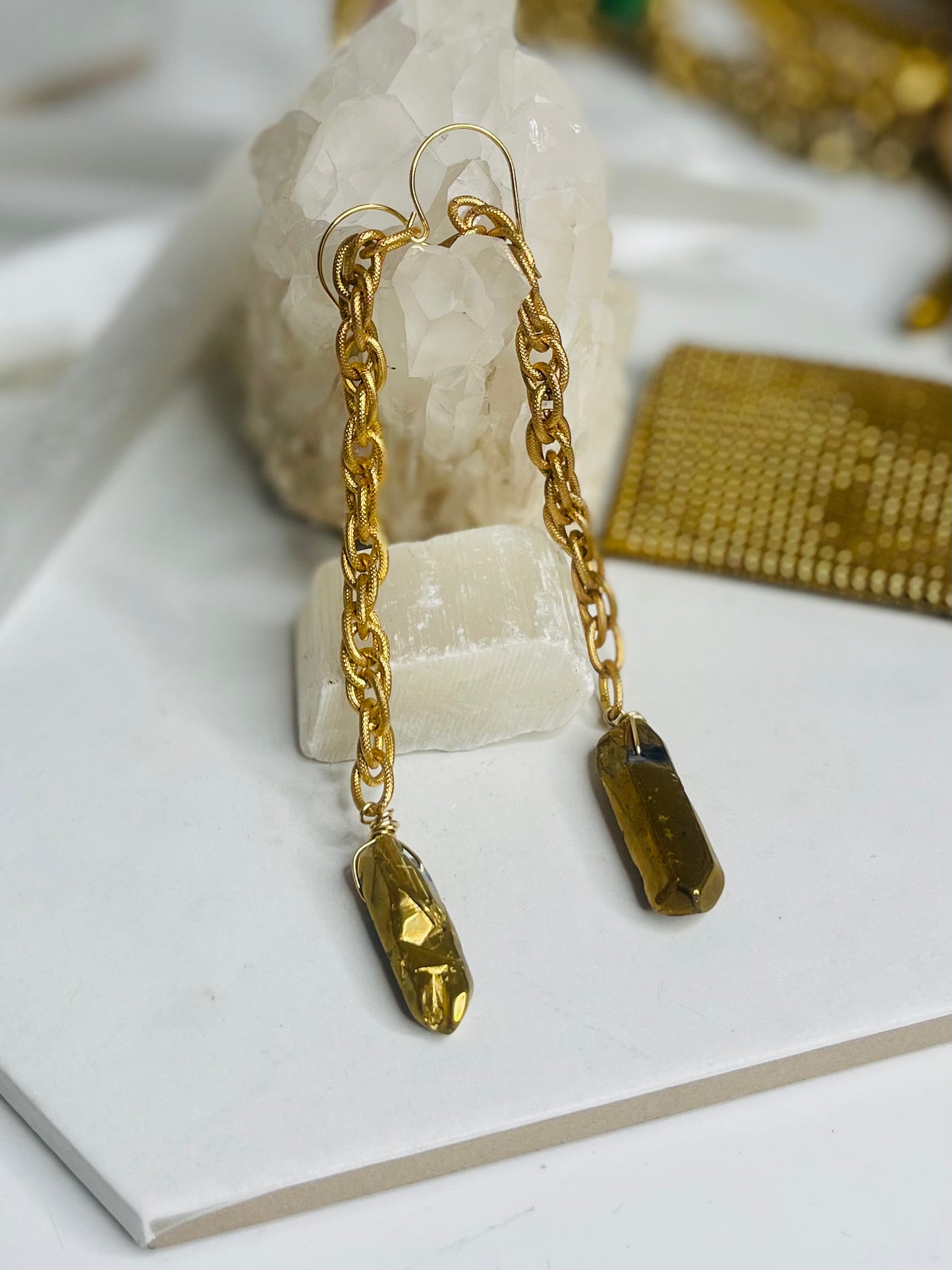 3” Gold Aura Chakra Powered Soul Chains Earrings :