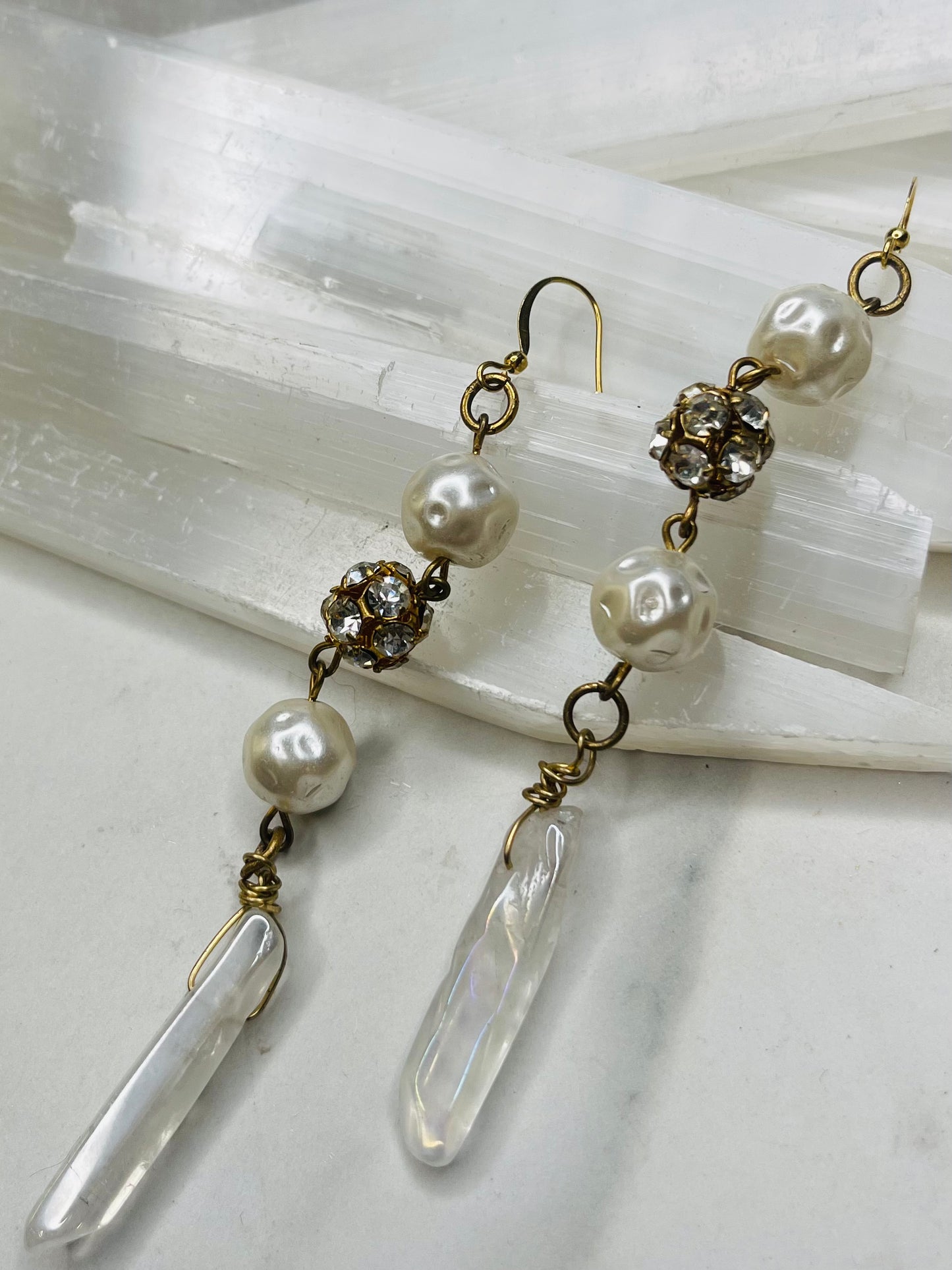 Costume Pearls Clear Quartz Chakra Soul Chains Earrings w 24K Electroplated Gold Clear Quartz Crystals