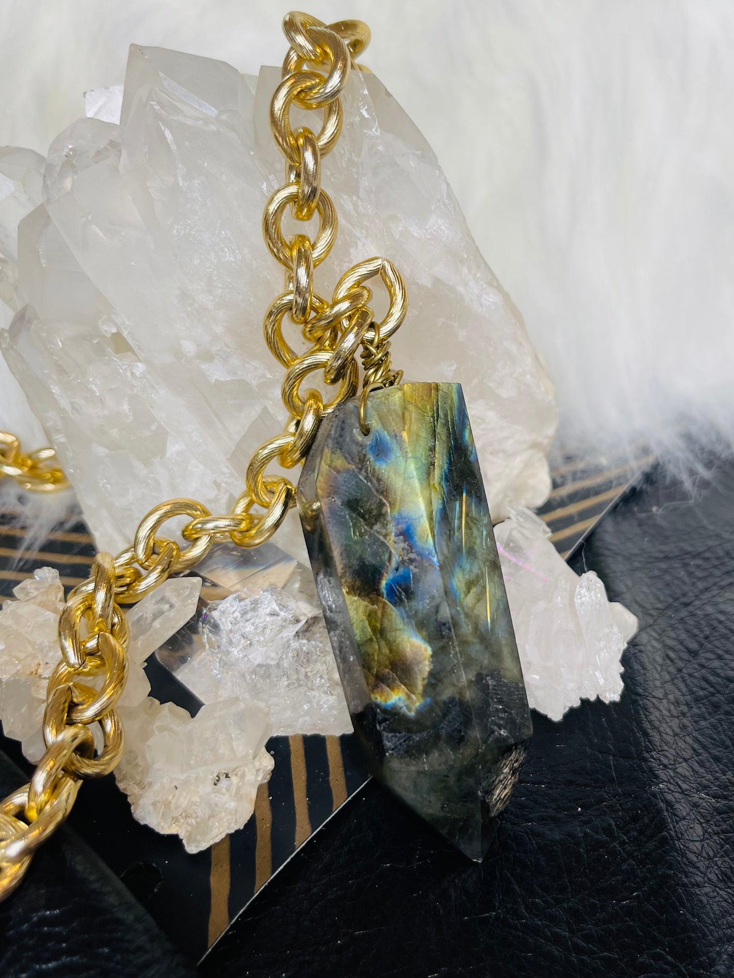 Massive Labradorite Crystal Soul Chain Necklace - Vintage Gold Chain- Akashic Records Collection