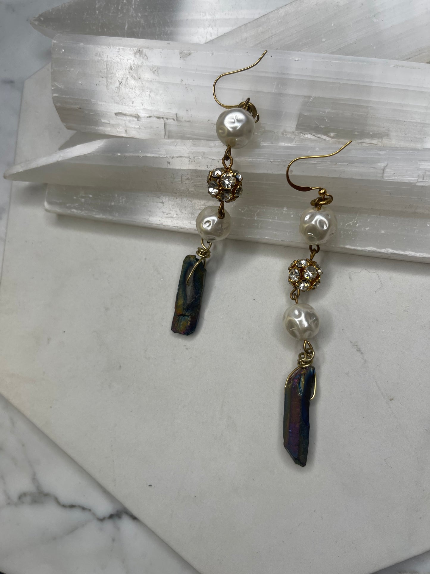 Aura Quartz Costume Pearls Clear Quartz Chakra Soul Chains Earrings w 24K Electroplated Gold Clear Quartz Crystals