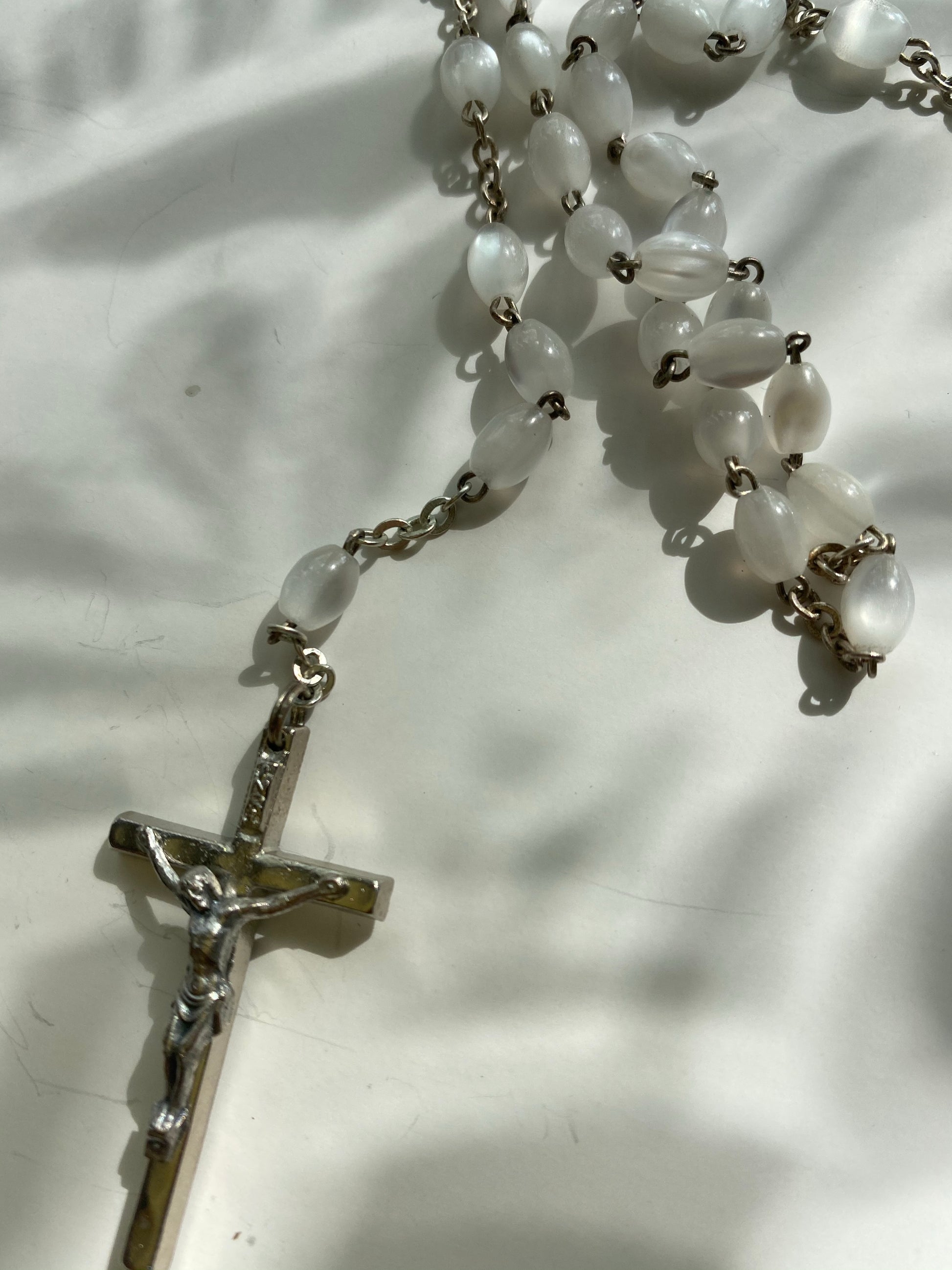 Vintage Iridescent White Rosary Bead Necklace - Ola Wyola