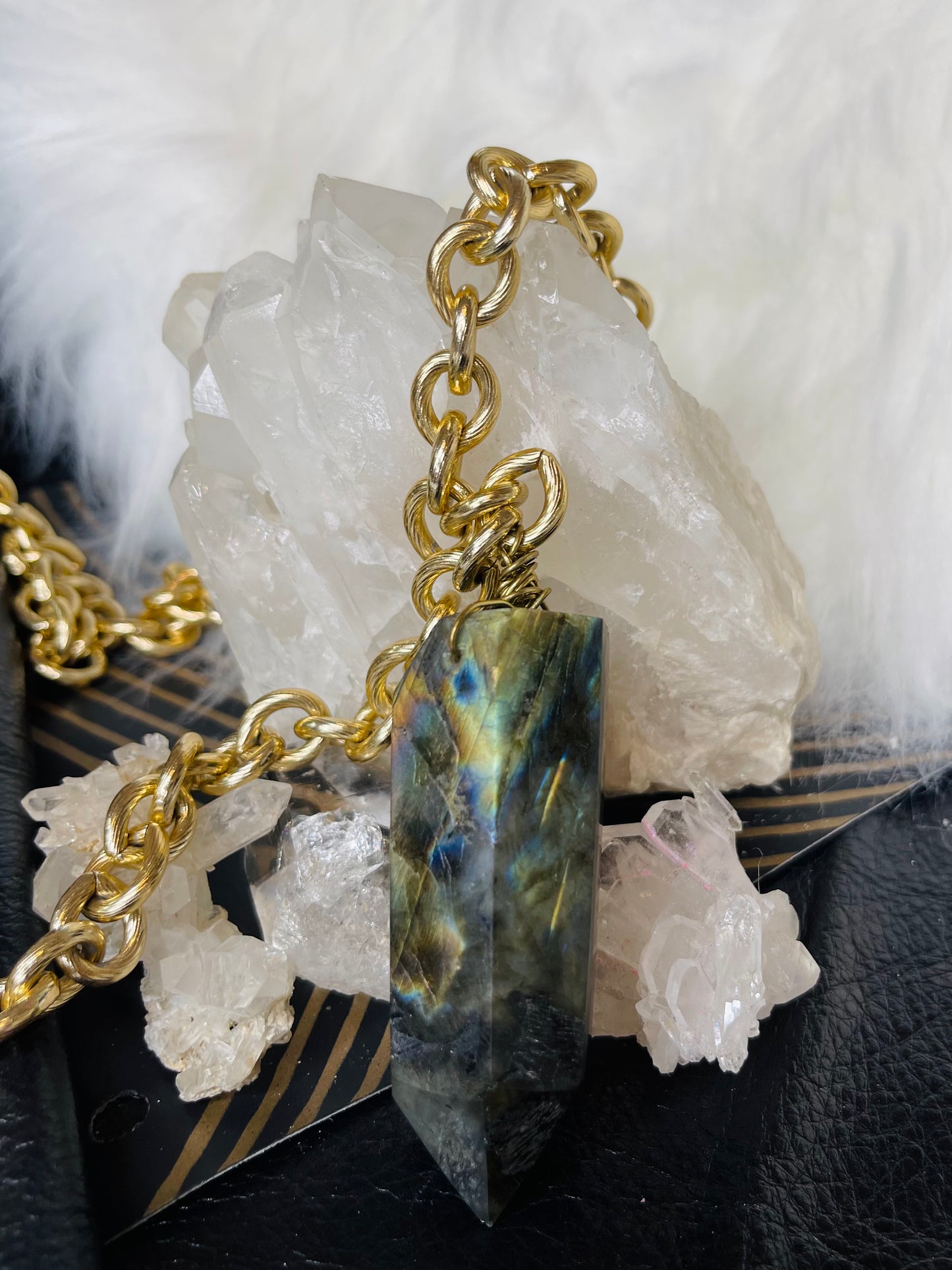 Massive Labradorite Crystal Soul Chain Necklace - Vintage Gold Chain- Akashic Records Collection