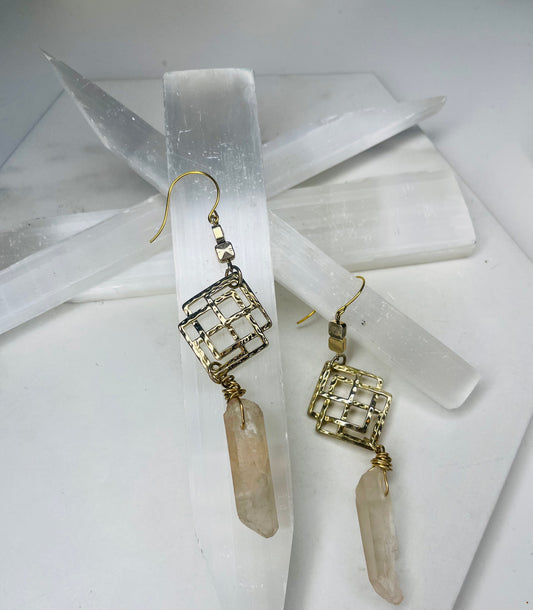 Lemurian Chakra Soul Chains Earrings w 24K Electroplated Gold Clear Quartz Crystals