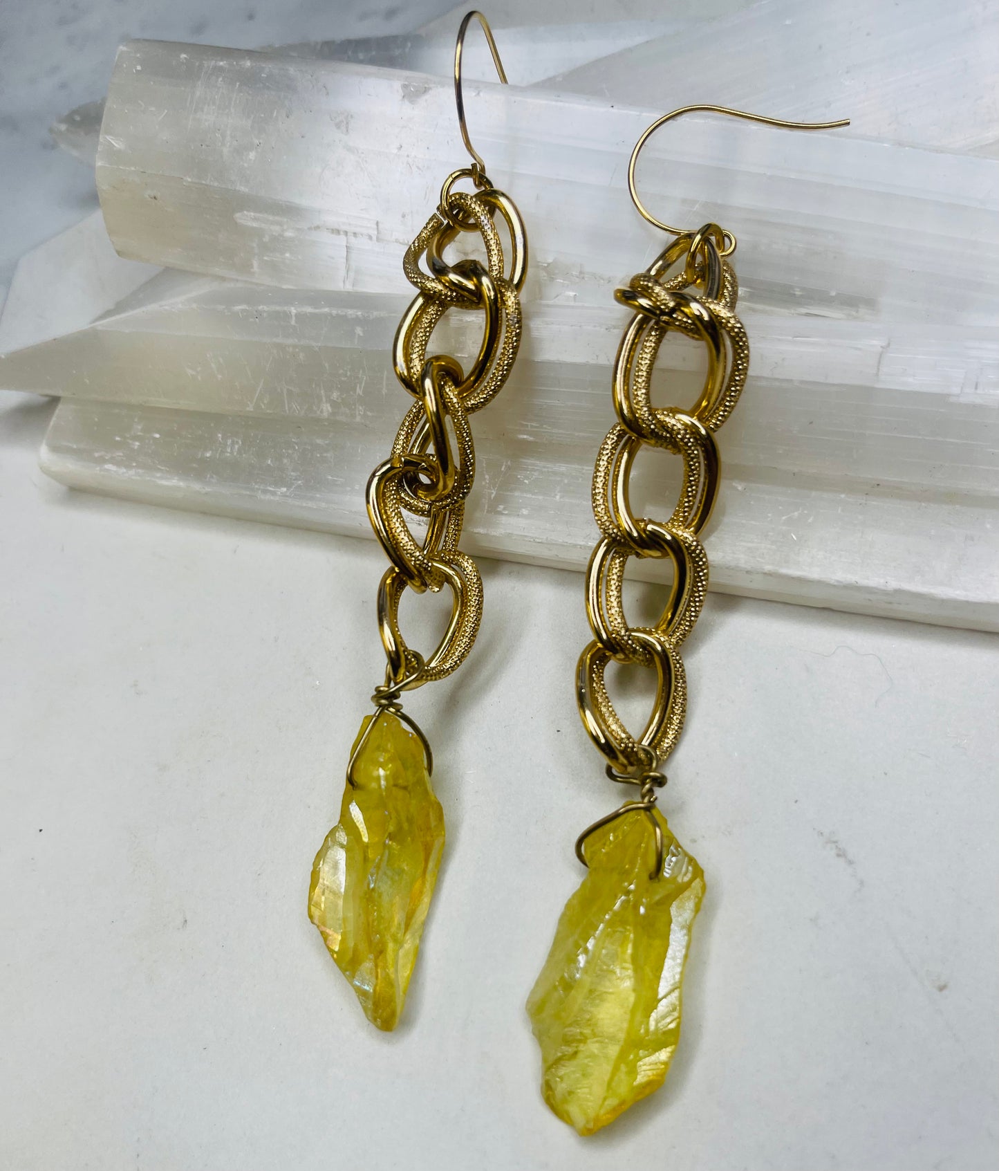 Chakra Soul Chains Earrings w Yellow Aura dipped Clear Quartz Crystals