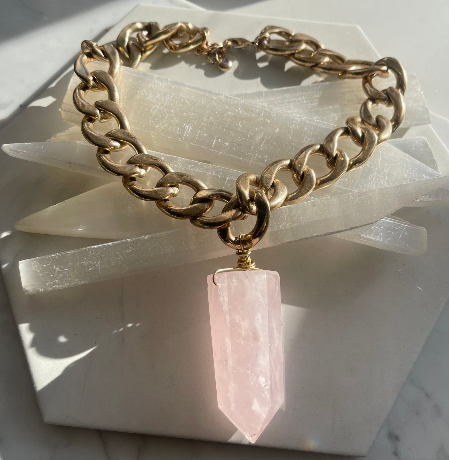 Pink Quartz Heart Chakra Crystal Soul Chain Necklace - Vintage Gold Chain- Rose Quartz Akashic Records Collection