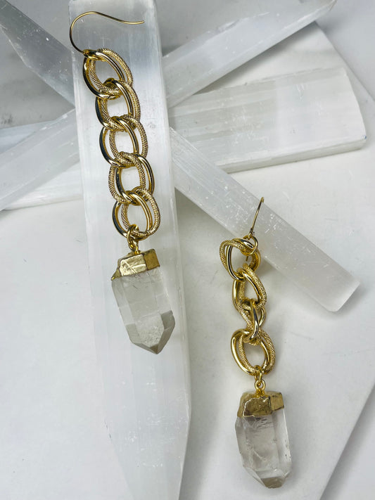 Clear Quartz Chakra Soul Chains Earrings w 24K Electroplated Gold Clear Quartz Crystals