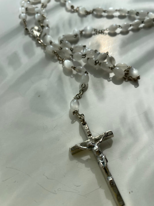 Vintage Iridescent White Rosary Bead Necklace - Ola Wyola